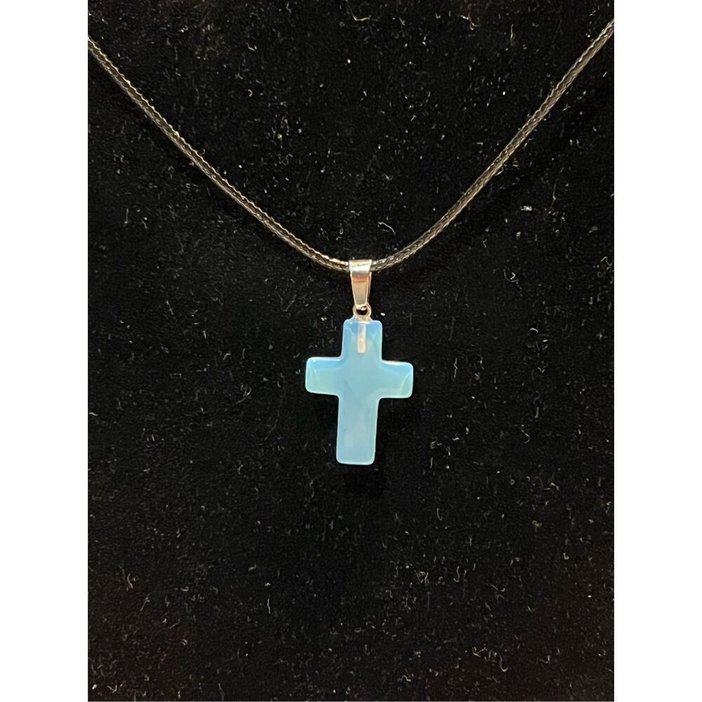 Clear Opal Stone Cross on a Black Necklace Cord